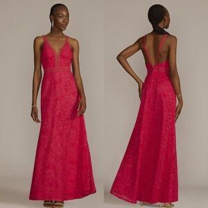 David's Bridal Women's Allover Lace Illusion‎ Plunge Gown
